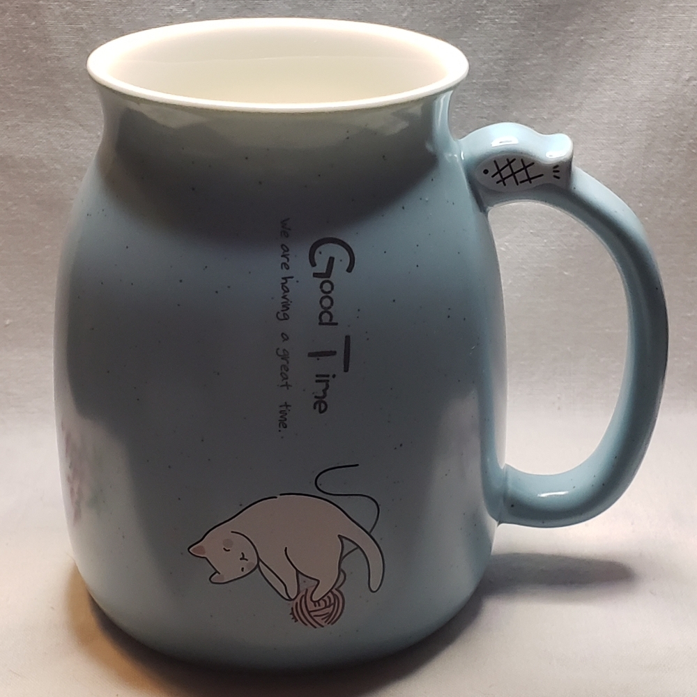 Adorable "Good Time" Light Blue Coffee Mug With Kitty On Both Sides